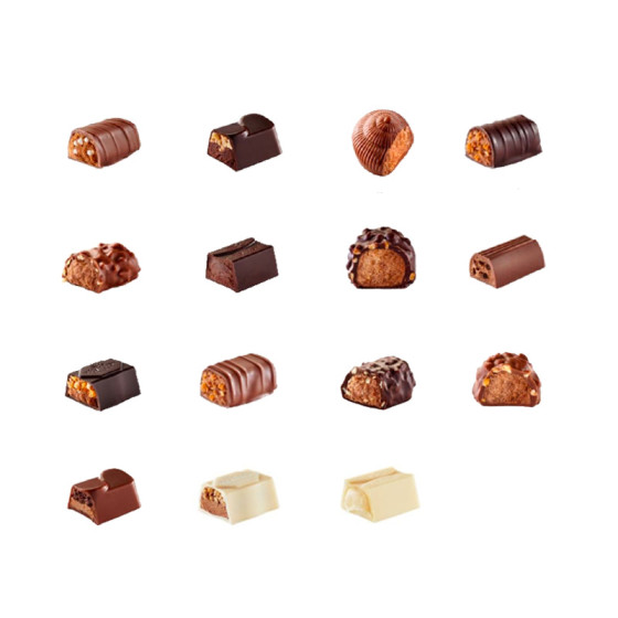 Ballotin de 46 chocolats Révillon : Assortiment de 15 recettes Noir, Lait, Blanc - 475 gr