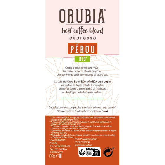 Capsule Nespresso Compatible Café Orubia Pérou BIO 100% Arabica Intensité 4 Edition Limitée - 10 capsules