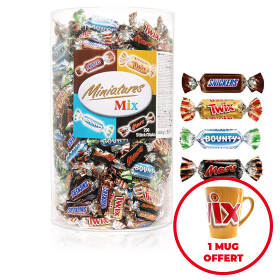 Tubo Célébrations Mini Twix, Mars, Bounty, Snickers - 296 chocolats emballées individuellement + 1 mug Twix offert