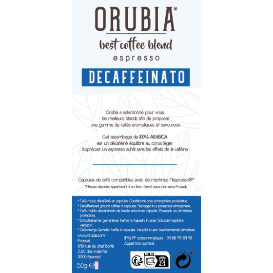 Capsule Nespresso Compatible Café Orubia Decaffeinato 100% Arabica Intensité 5 - 10 capsules