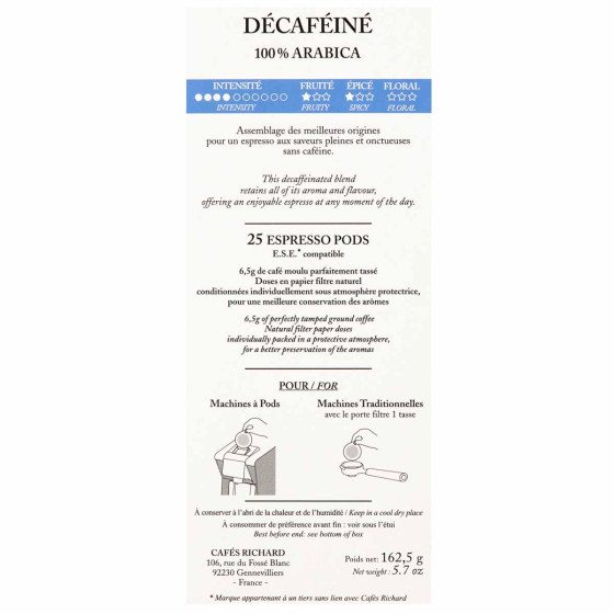Dosette ESE Cafés Richard Décaféiné 100% Arabica - 25 dosettes emballées individuellement