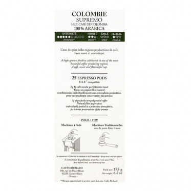 Dosette ESE Cafés Richard Colombie Supremo - 3 boites - 75 dosettes emballées individuellement