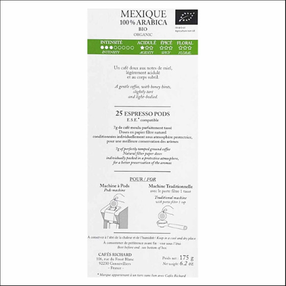 Dosette ESE Bio Cafés Richard Mexique - 25 dosettes emballées individuellement