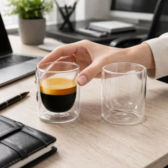 Lot De 2 Tasses Expresso Double Paroi En Verre Borosilicate 150 Ml – Avec Poignée, Résistantes Chaleur